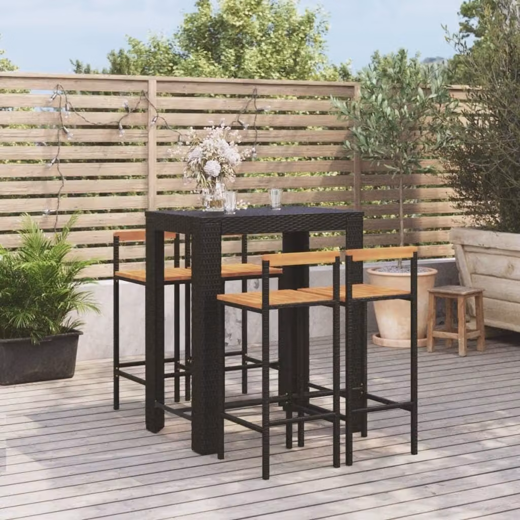 The Living Store Set bar da giardino 5 pezzi in poly rattan nero e legno massiccio di acacia