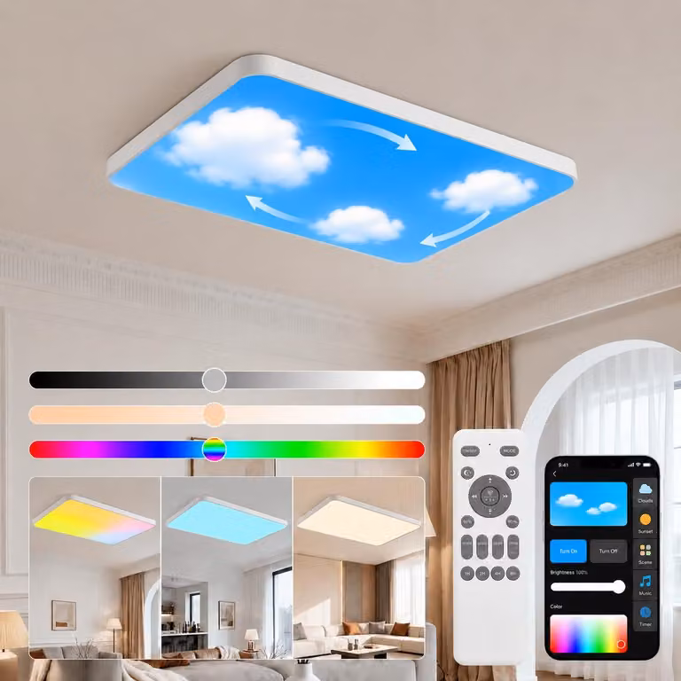 Plafoniera LED 698-CFX rettangolo 105x70 cm, 150 W RGBIC con APP e telecomando, cielo dinamico ed effetti di luce naturale timer dimmerabile 10-100%, 1800-12000K