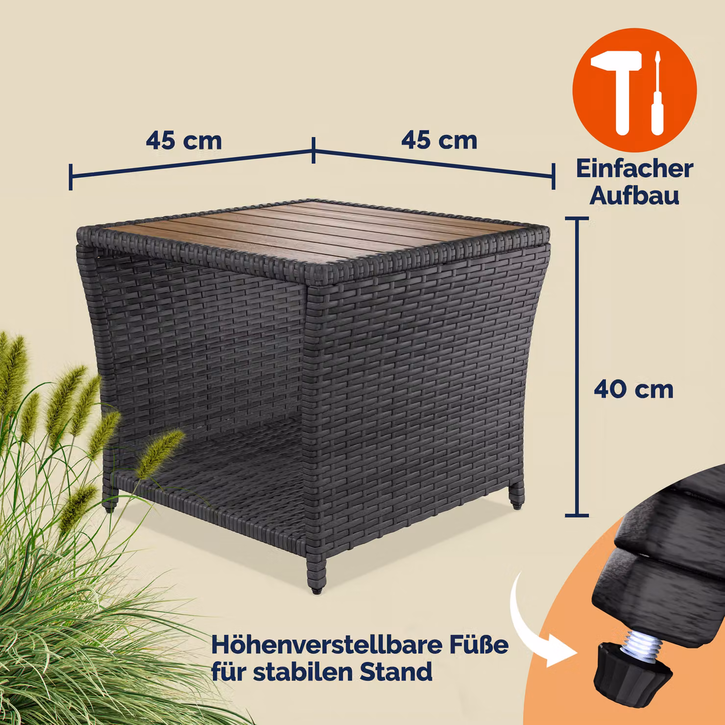 Tavolino quadrato moderno Casaria in polyrattan grigio con piano in legno di acacia L/P/H: 45 x 45 x 40 cm – 3