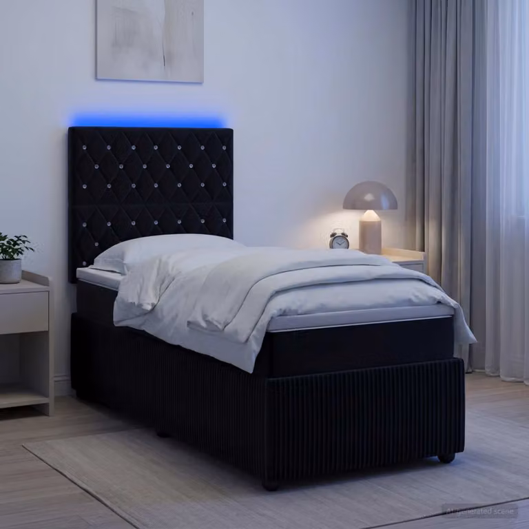 Letto Box Spring vidaXL in Velluto Nero con Materasso Ibrido e Illuminazione LED, L/P: 90 x 200 cm