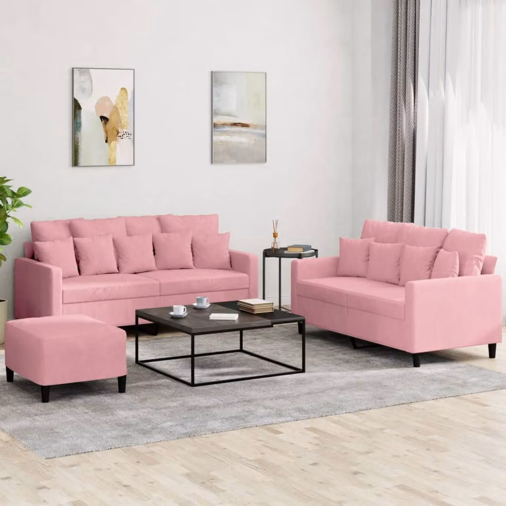 Set di divani 3 pezzi vidaXL in velluto rosa con cuscini per il tuo soggiorno moderno