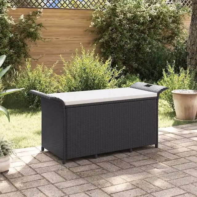 Panca da giardino Design Mania in polyrattan con cuscini neri e bianchi L: 116 cm, P: 46 cm, H: 57 cm – 1