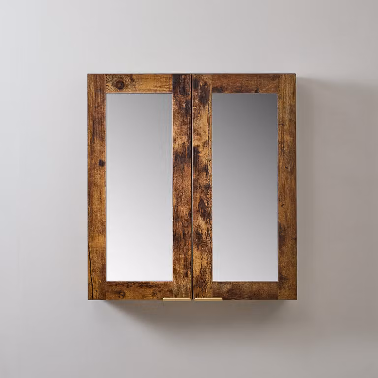 Mobiletto a Specchio da 900mm x 650mm Rovere Scuro - Completo di Maniglie con Impugnature a Dito in Oro Satinato - Cluo