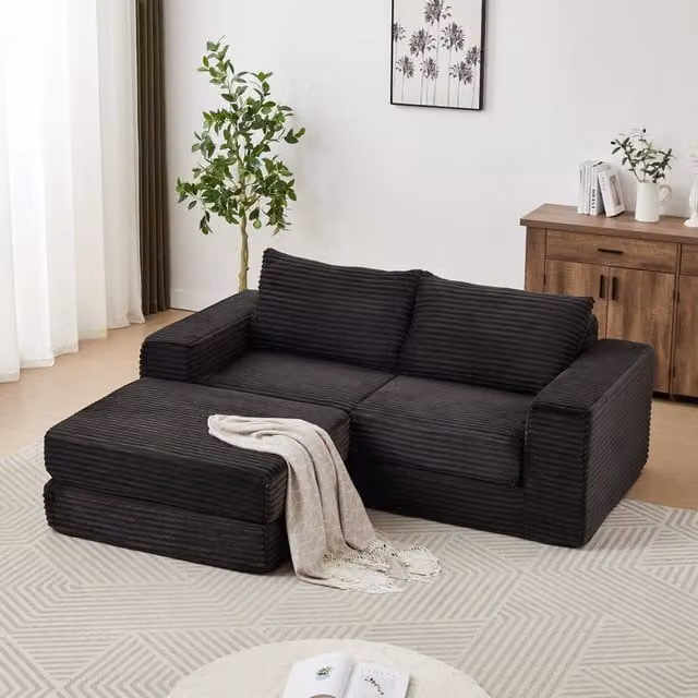 Divano Letto 2 in 1 con Pouf Estraibile e Cuscini ¨C Xylo ¨C Velluto a Coste Modulare