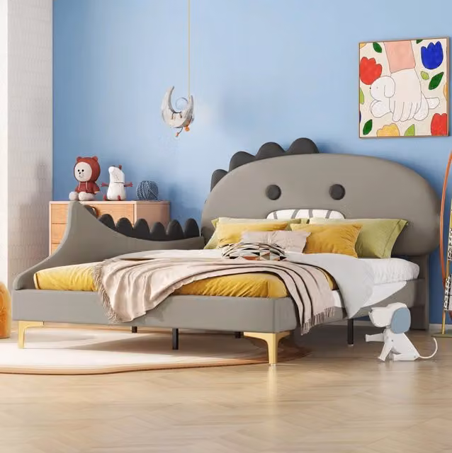 Letto per bambini 140x200 cm grigio in PU e MDF, testiera dinosauro, senza materasso