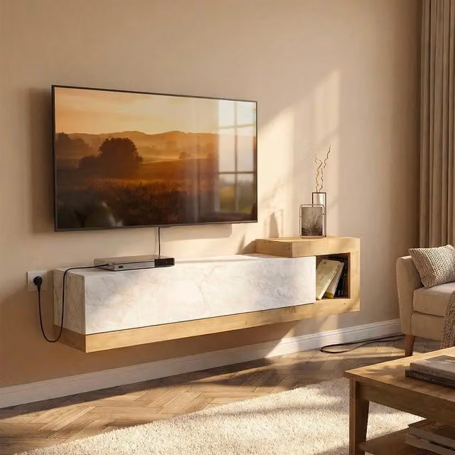 Porta TV Volare Tezeta con anta a ribalta e nicchia a giorno in rovere e dettaglio effetto marmo bianco L/P/H: 150 x 38,6 x 29,6 cm