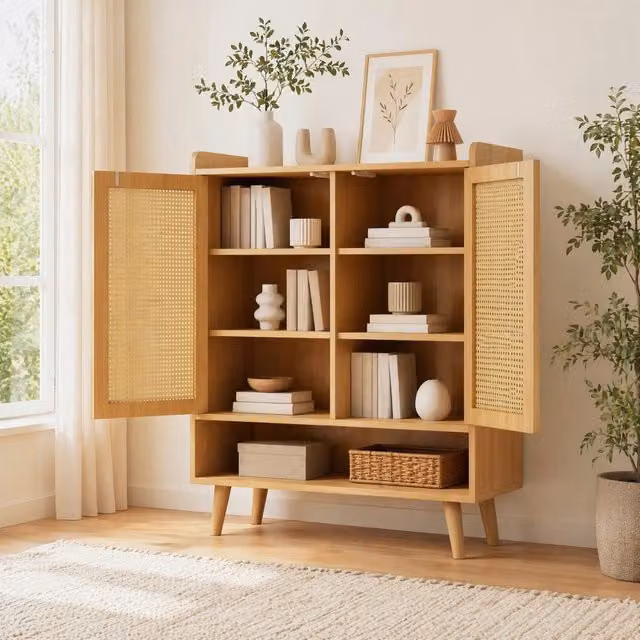 Mobile portascarpe in legno e rattan 80x35x105 cm rovere chiaro 2 ante
