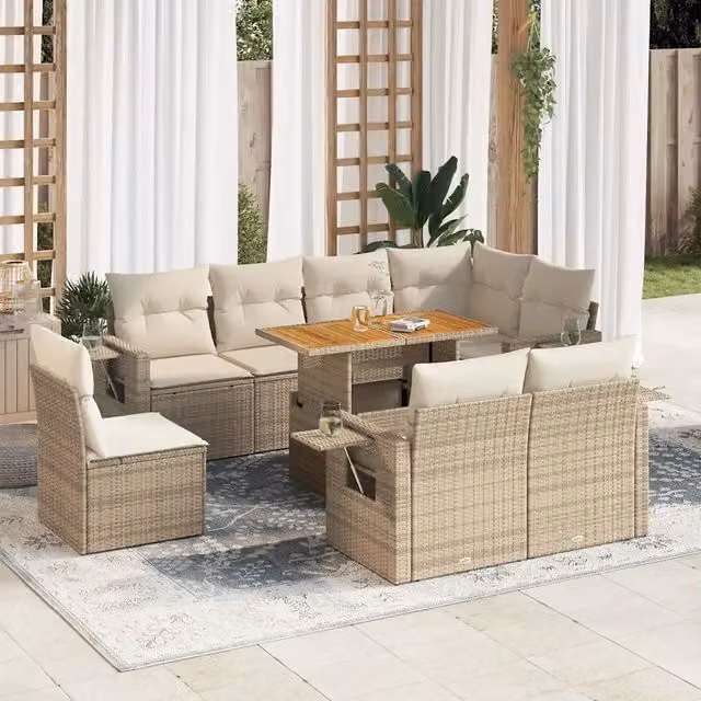 Set Divano da Giardino a L vidaXL in Polyrattan con Cuscini Beige e Tavolino da Esterno – 1