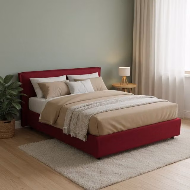 Letto Matrimoniale Contenitore Bruzolo DMORA con Materasso Incluso, Rivestimento in Tessuto, L/P/H: 160 x 200 x 190 cm, Rosso e Nero