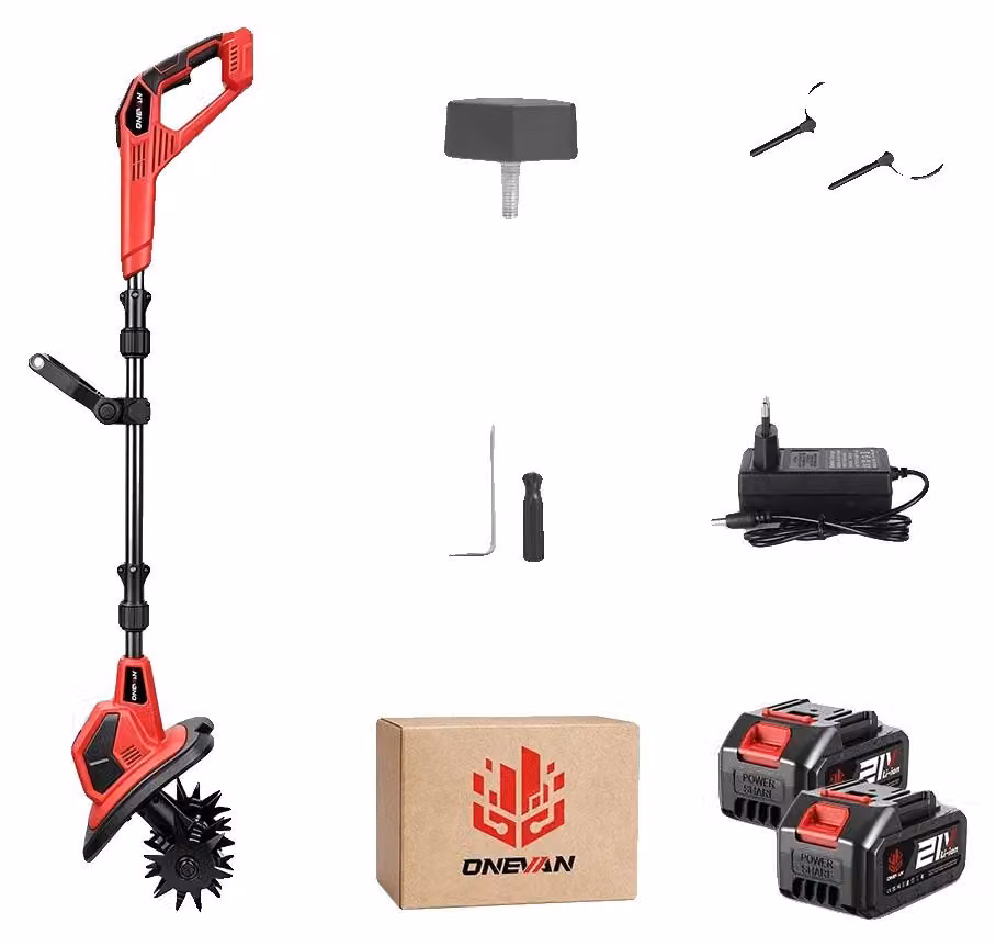 Coltivatore elettrico, motore brushless da 2500W, lavorazione ad alta velocità, 2 batterie, 1 caricabatterie compatibile con prese EU, spina di tipo C (100V-240V)