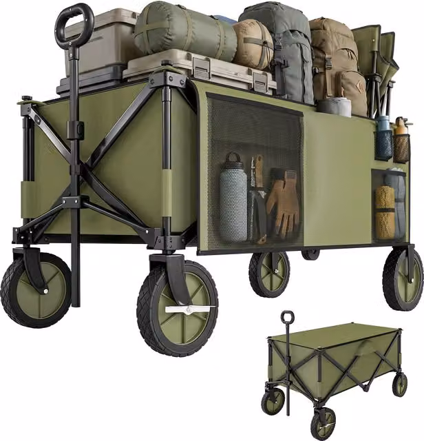 Carrello da giardino pieghevole Outsunny verde con maniglia ergonomica e 5 sacche, capacità 125L, H x L x P: 93 x 108 x 55 cm – 1
