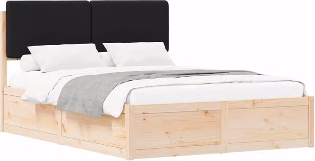 Letto matrimoniale | Letto per adulti | Letto con Testiera Rivestita Nero 150 x 200 cm Pino massello