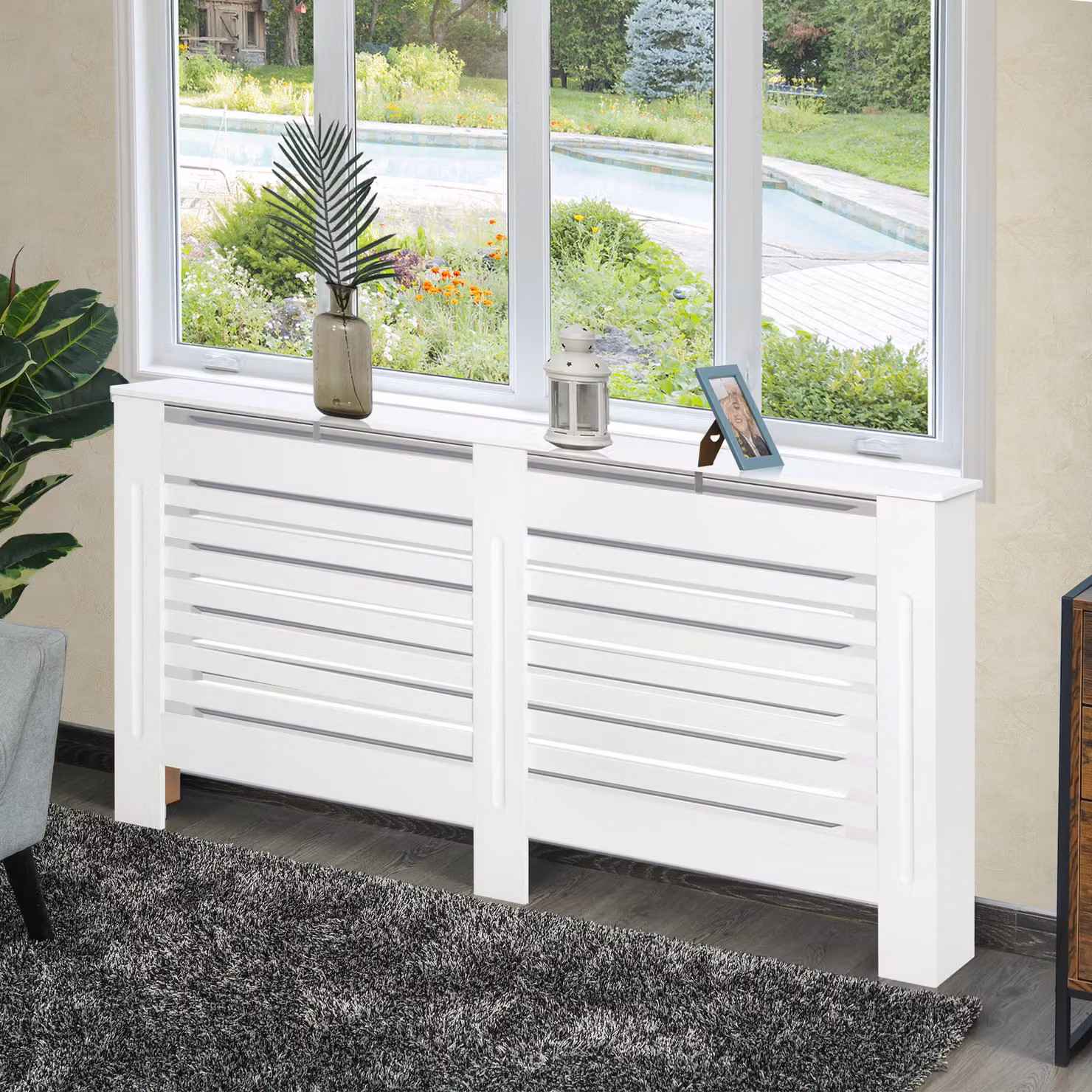 Copritermosifoni a doghe con ripiano portaoggetti HOMCOM in legno, Bianco, L 172 cm x P 19 cm x H 81 cm – 2