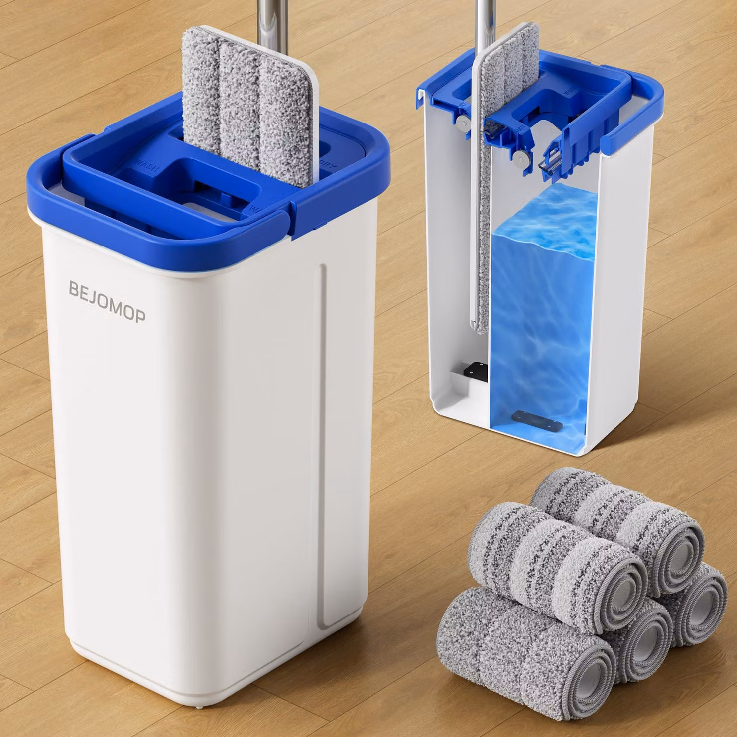 Set per la pulizia a secco con secchio e strizzatore, 5 panni in microfibra, colore blu pietra