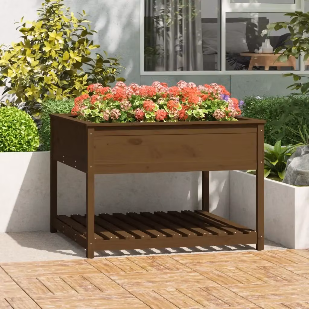 Fioriera a cassetta con mensola DESIGN IN in legno massello di pino, colore ambra, L: 111,5 cm, P: 111,5 cm, H: 81 cm – 2