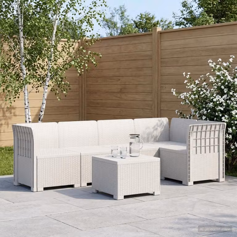 Set da giardino vidaXL a forma di L in polyrattan bianco con divano da 3 posti, elemento angolare, tavolino da caffè e cuscini inclusi