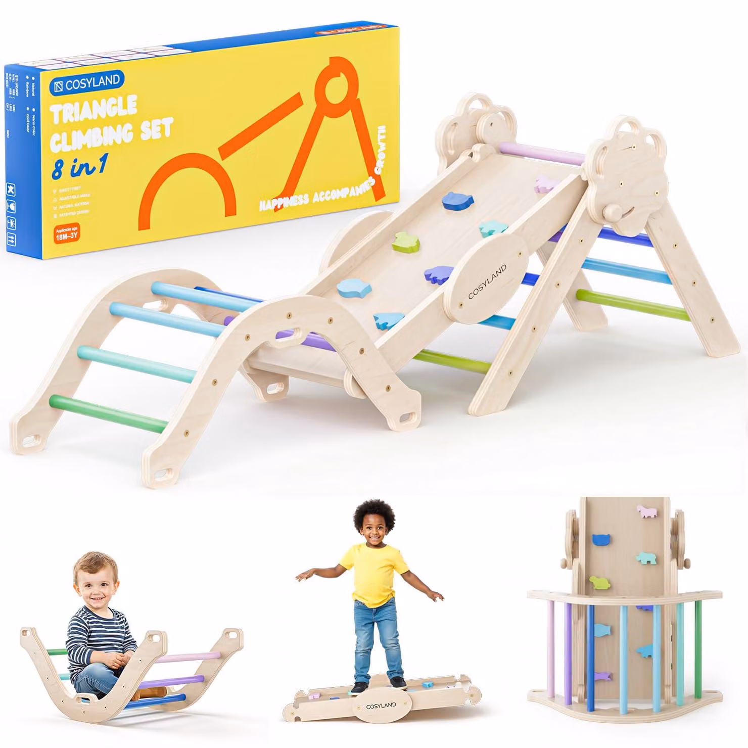 COSYLAND, struttura per arrampicata in legno Montessori 8-in-1, adatta a bambini dai 18 mesi in su – triangolo per arrampicata con
