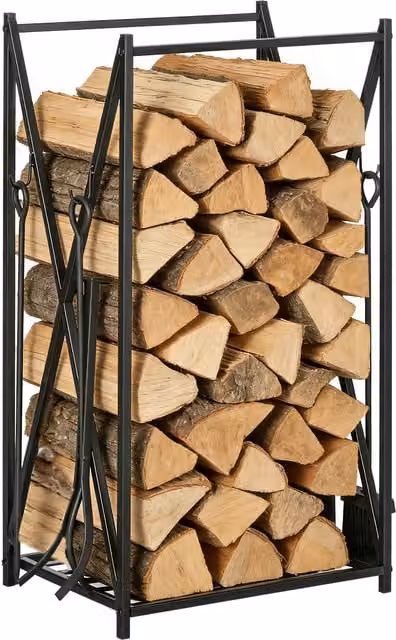 Portalegna per Camino in Acciaio HOMCOM per Interno ed Esterno con Attizzatoio, Paletta, Scopino e Pinza, Nero, L 46 cm x P 30 cm x H 76 cm – 1