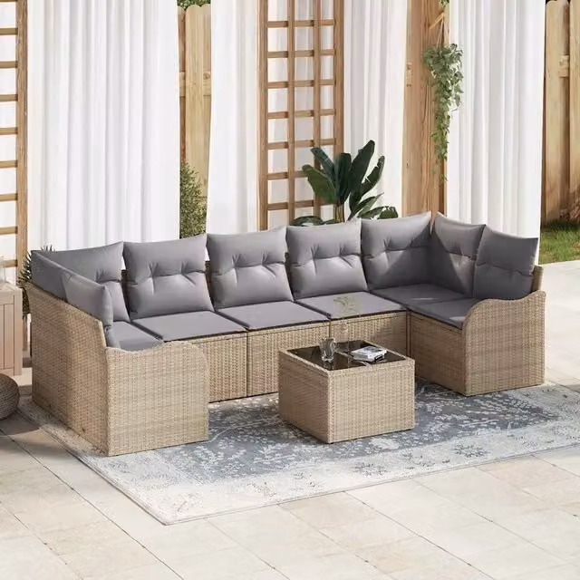 vidaXL Set Divano da Giardino a L con Tavolino da 8 Pezzi, Beige e Grigio – 1