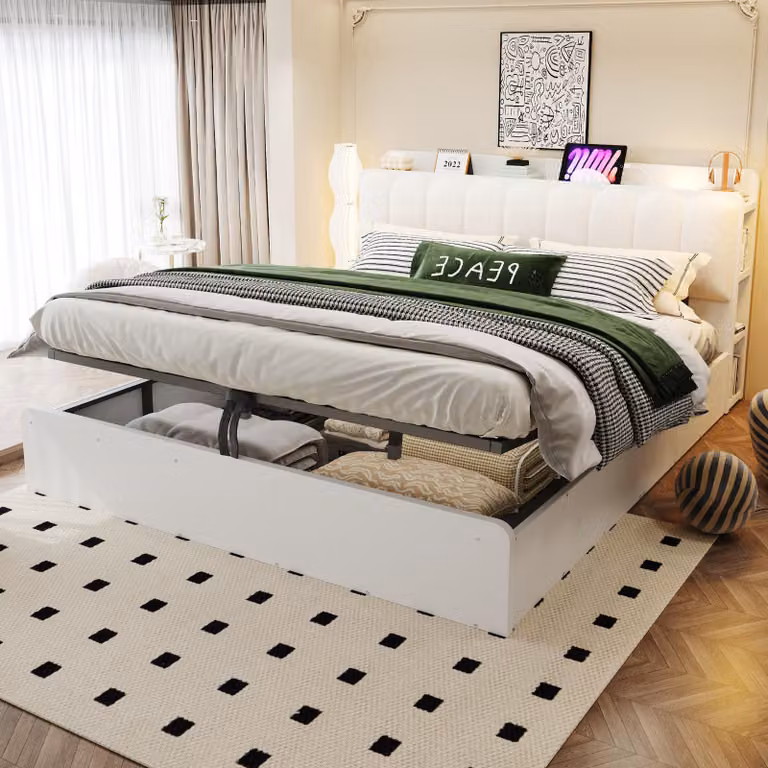 Letto matrimoniale imbottito Merax, 180x200 cm, con testiera con USB e luce notturna a LED, letto con sistema di sollevamento idraulico e spazio contenitore, testiera imbottita, colore bianco
