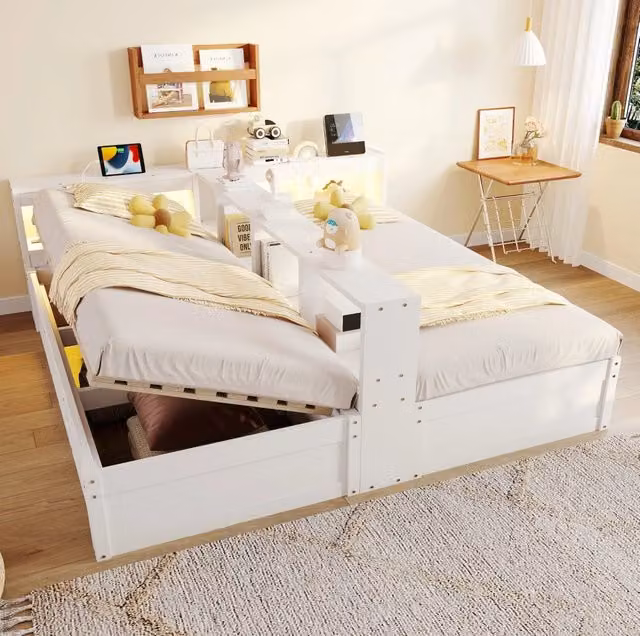 Letto multifunzione modulare 90/180x200 cm con LED; prese integrate e contenitore; bianco