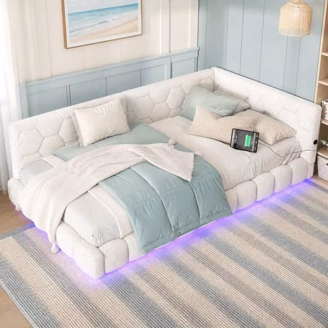 Divano letto 90x200 cm bianco in velluto con LED 16 colori e USB