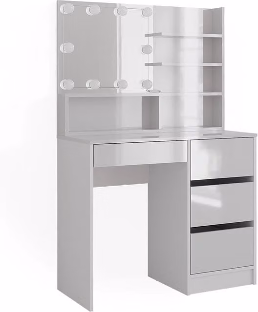 Tavolo da toeletta Sherry Bianco 90 cm con mensola con specchio e catena luminosa LED Vicco