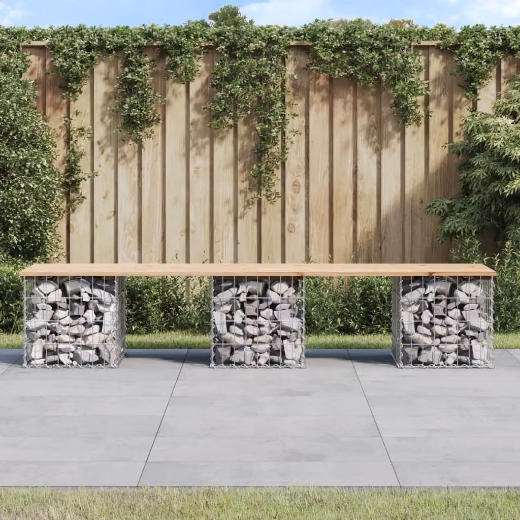 vidaXL Panca da Giardino Design Gabbione in Legno di Pino e Metallo, Marrone, L: 203 cm, P: 44 cm, H: 42 cm – 1