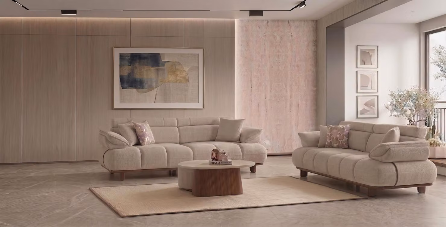 Divano a 3 posti, tavolino, poggiapiedi, stile moderno, colore beige, rivestimento di alta qualità
