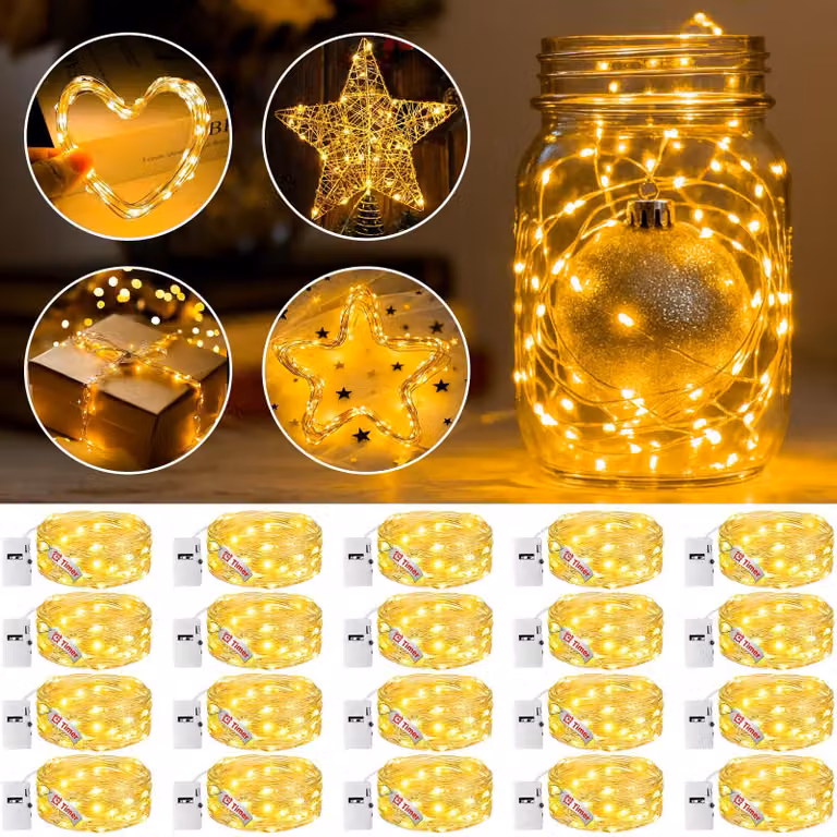 Catena luminosa a LED, 20 luci bianche calde, alimentazione a batteria, timer