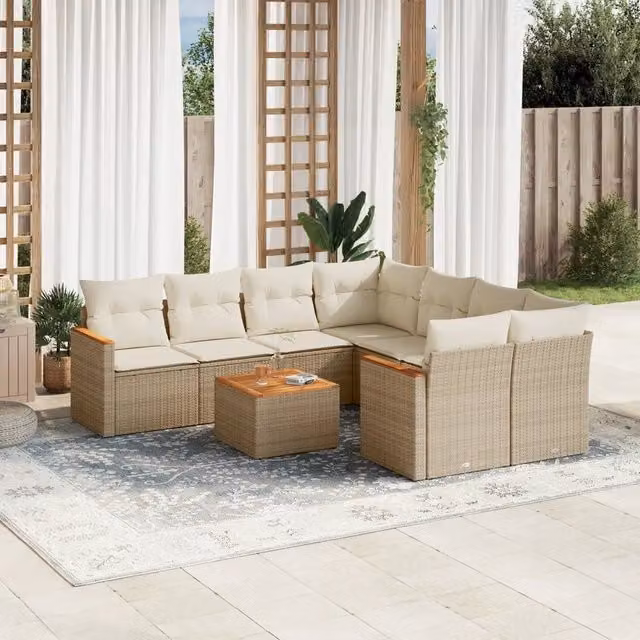 Set Divano da Giardino 9 pz con Cuscini Beige in Polyrattan 3225827
