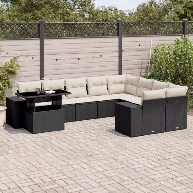 Set Divani da Giardino 10pz con Cuscini in Polyrattan Nero 3269396