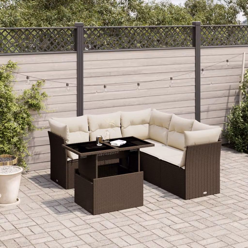 vidaXL Set Divano da Giardino a L 6 pz con Cuscini Marrone e Bianco in Polyrattan e Acciaio – 1