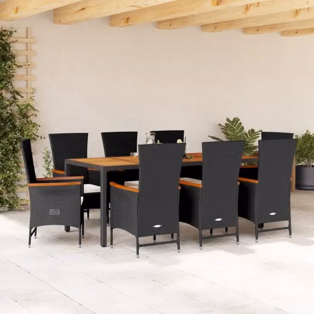 Set da pranzo da giardino vidaXL in legno di acacia e polyrattan da 9 pezzi con cuscini, moderno, nero, marrone o bianco