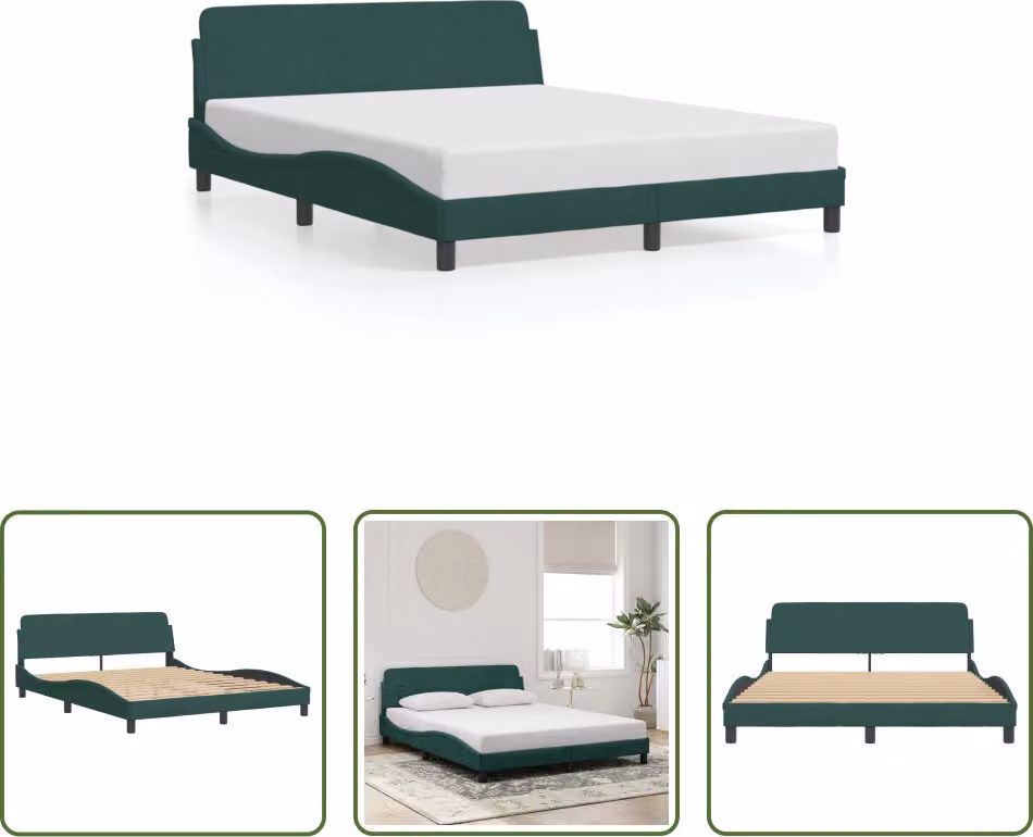 The Living Store Struttura letto con testiera in velluto verde scuro 160x200 cm