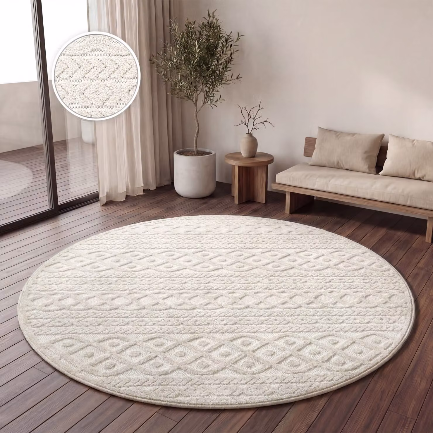 Tappeto rotondo Cotara beige per interni ed esterni, Diametro: 120 cm – 2