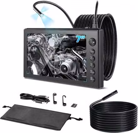 VEVOR Telecamera Endoscopica Industriale con Tripla Lente, Schermo IPS HD da 7 pollici, Zoom 8x e Sonda da 8 mm, Colore Nero