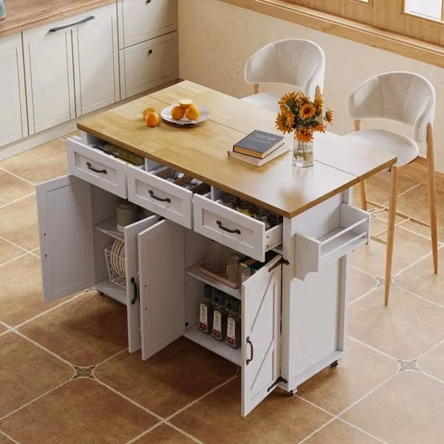 Isola da cucina REDOM con piano ribaltabile in MDF, Bianco e Naturale, L: 140 cm, P: 43 cm, H: 90,5 cm – 1