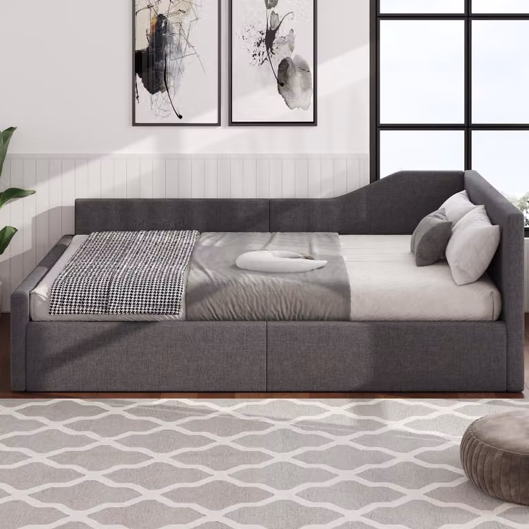 okwish Letto pieghevole 140x200 letto da giorno con spazio di stoccaggio sotto il letto, letto per bambini con telaio in legno, letto aggiuntivo imbottito senza materasso, tessuto di lino, grigio
