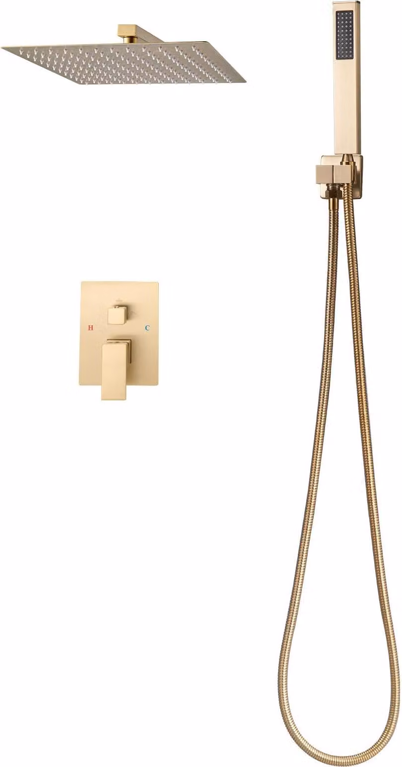 SucceBuy miscelatore doccia a pioggia per il bagno con soffione a pioggia quadrato da 254 mm e doccetta, set doccia a parete con valvola e finiture in ottone, oro spazzolato