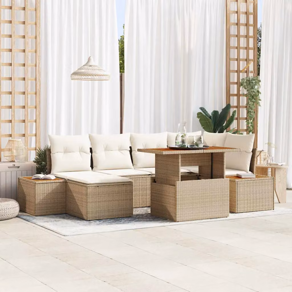 Set da pranzo da giardino moderno vidaXL in rattan e legno di acacia beige e crema, 7 pezzi