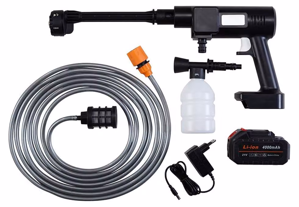 Idropulitrice a batteria - Pressione di lavoro: 40 bar - Portata: 300 litri/ora - Tubo flessibile: 5 metri - Dispositivo di pulizia portatile