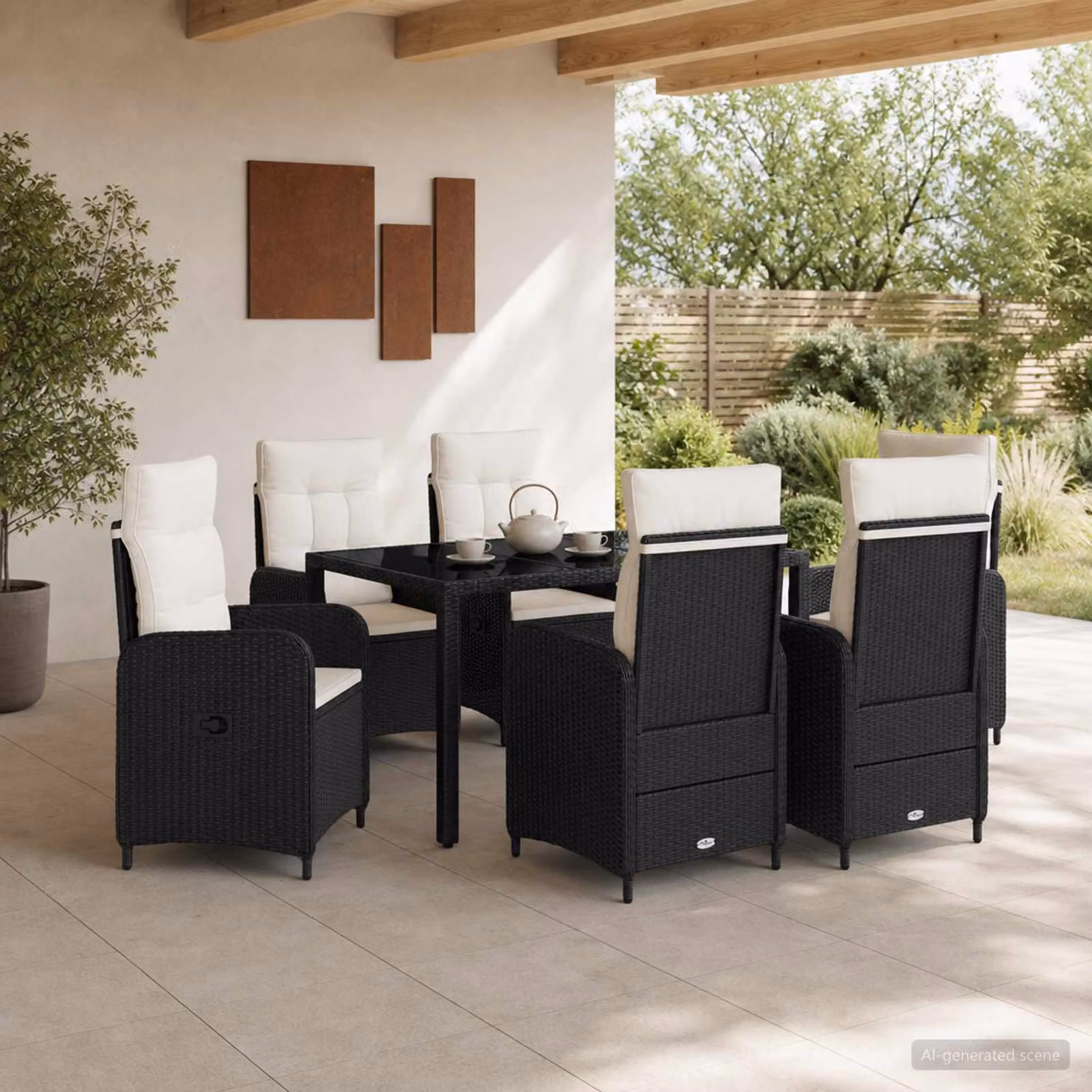 Set da pranzo per esterni vidaXL in polyrattan da 7 pezzi con tavolo rettangolare in vetro, colori nero e bianco crema