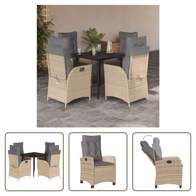 The Living Store Set da pranzo da giardino 5 pezzi con cuscini Beige poly rattan
