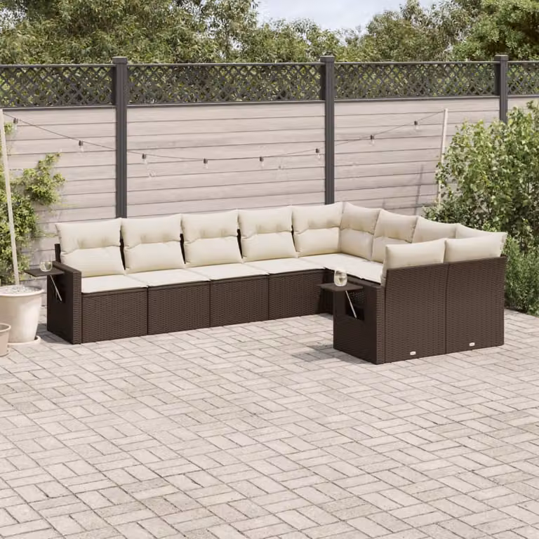 vidaXL Set Divani da Giardino 9 Pezzi in Polyrattan Marrone con Cuscini e Tavolino da Esterno