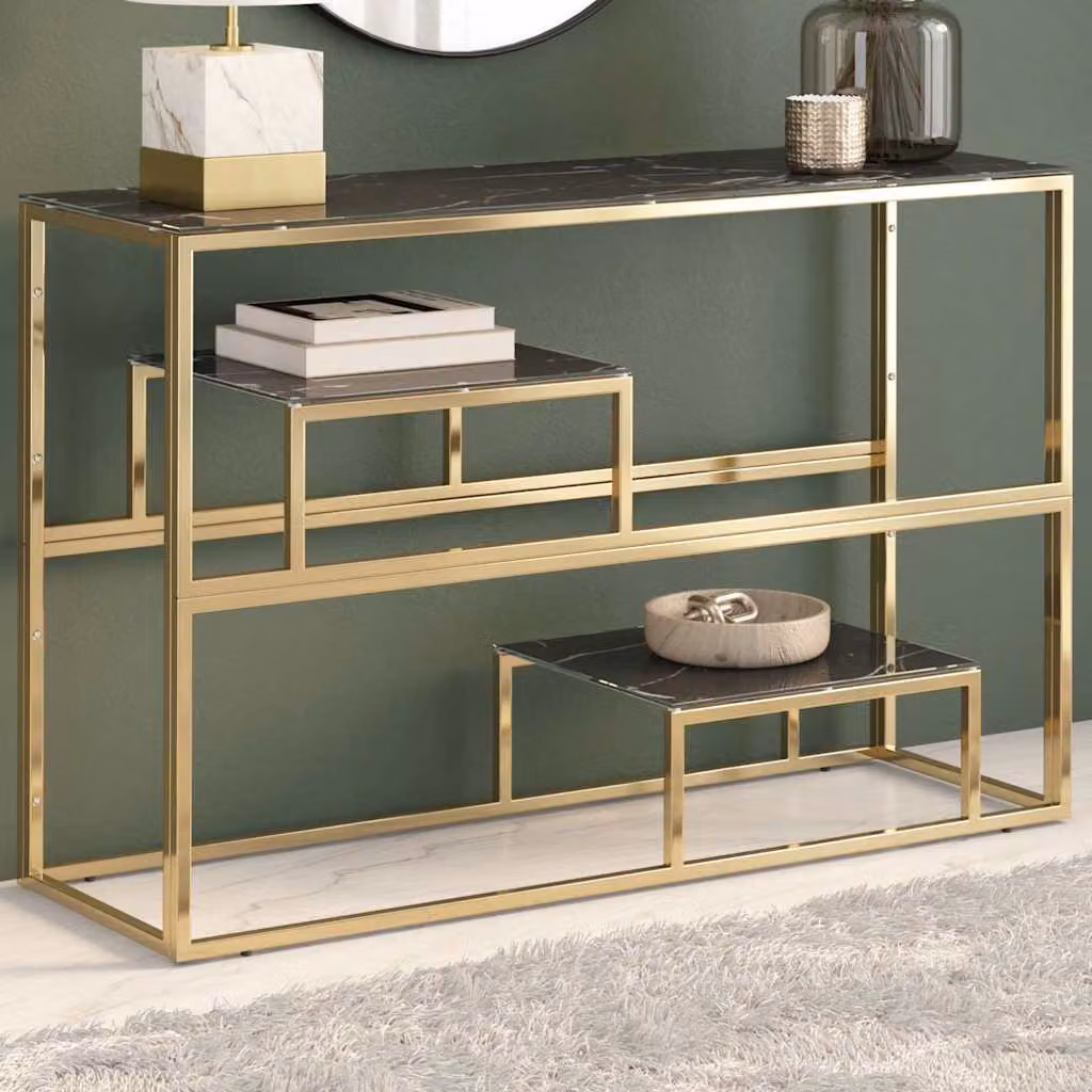 vidaXL Tavolino Consolle Moderno in Vetro e Metallo, Colore Oro e Nero, L/P/H: 70 x 35 x 35 cm