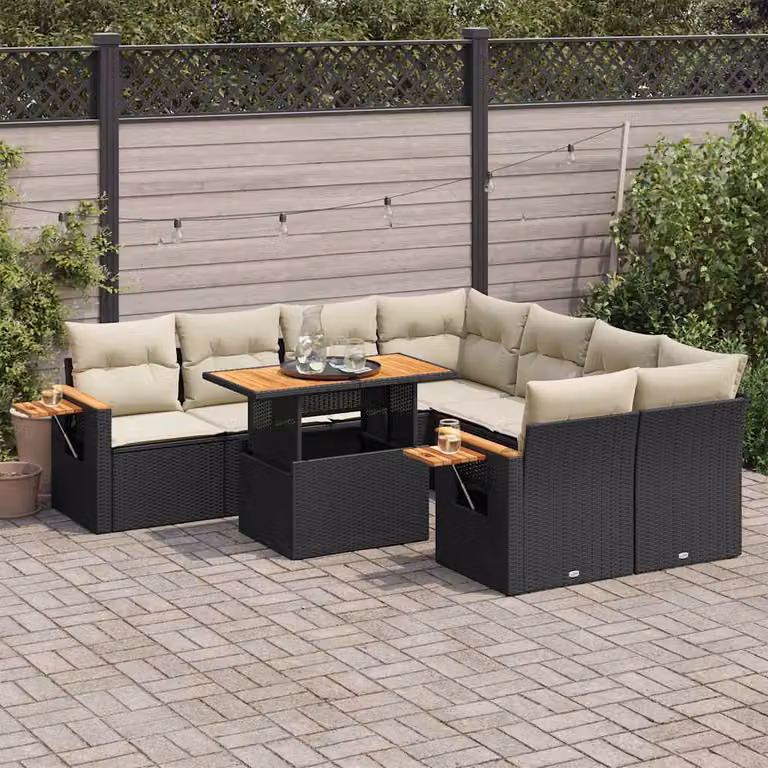 Set di divani da giardino vidaXL a forma di U in polyrattan con cuscini e tavolino da esterno, 9 pezzi, colore nero e bianco con struttura in legno di acacia