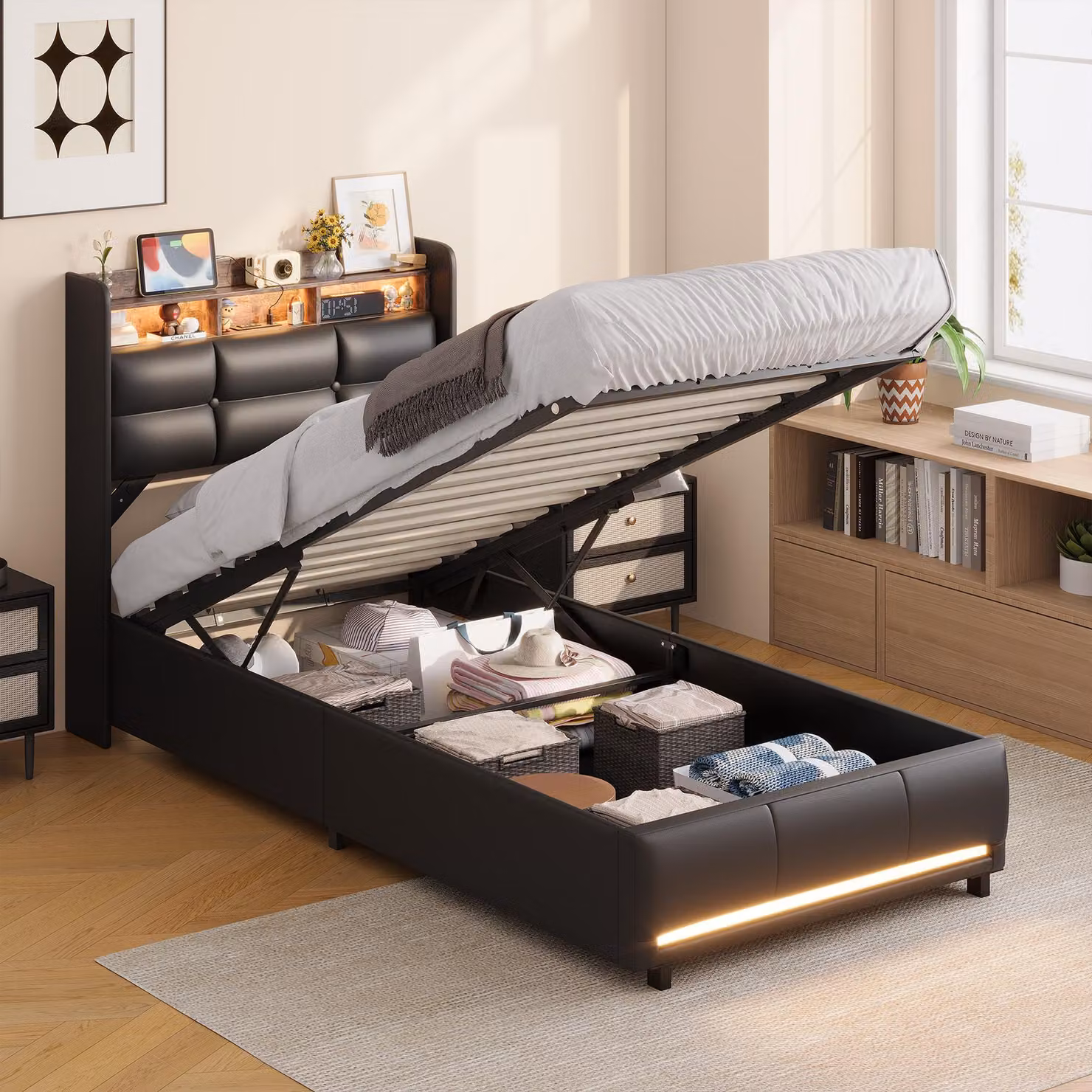 Letto contenitore ProximaX, dimensioni 90x200 cm, rivestito in ecopelle (PU), con illuminazione LED RGB, porta USB-C e sistema di sollevamento a gas per il contenitore