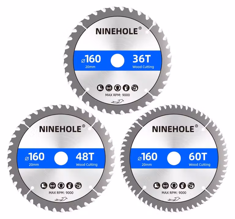 3 dischi per sega circolare, dimensioni 160 x 20 mm, con 36, 48 e 60 denti, in metallo duro, adatti a diversi materiali
