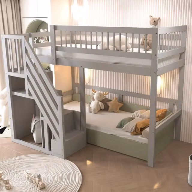 Letto a soppalco singolo OKWISH per bambini in legno e MDF grigio con scala contenitore, L/P/H: 205 x 90 x 173 cm